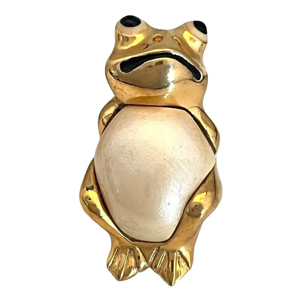 Vintage 1980s KJL Frog Brooch Simulated Pearl Belly Gold Tone Figural Pin - 9C